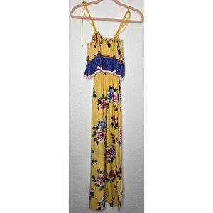 Womens Maxi Dress Small Yellow Blue Floral Strappy Ruffle Fringe Boho Vacation
